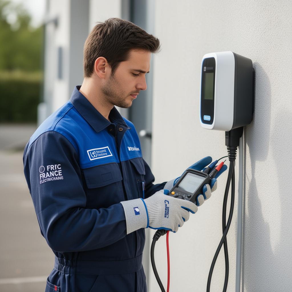 Technicien Lumëel certifié Qualifelec installant une borne IRVE